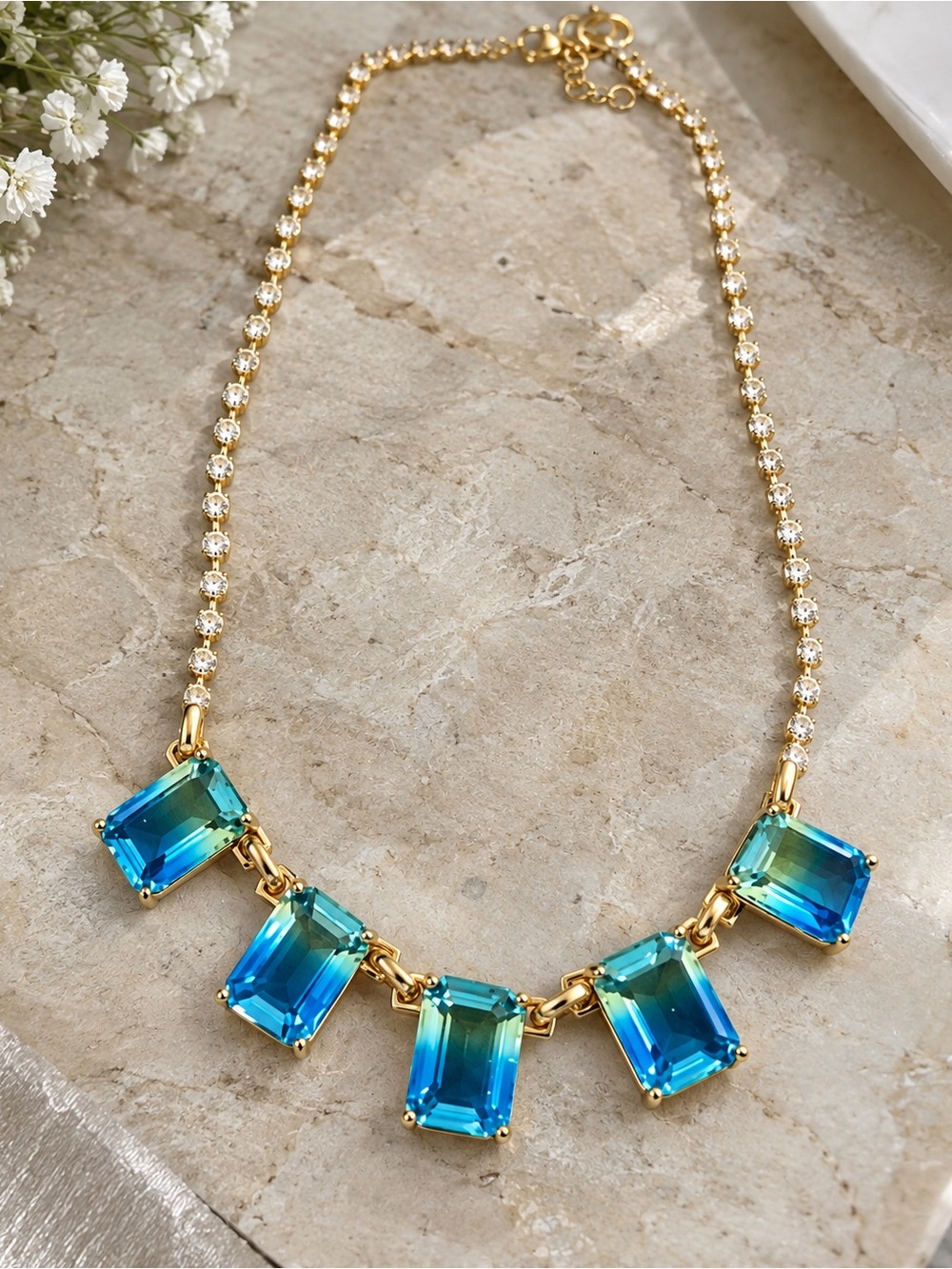 Gold-Plated Blue Gradient Crystal Necklace - Women Jewelry